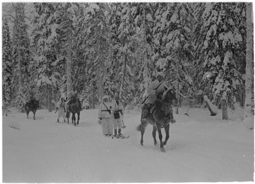 Hiihtopartio metsässä Venäjän rajalla Lieksan suunalla. (Inari.)