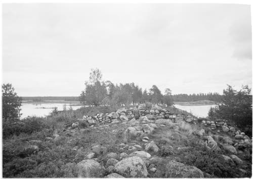 Alajärven kylän niemen kärki, jossa sijaitsee kenttävartiomme vartiopaikka. Taustalla vihollisen puoleista maastoa. Elokuu 1943.