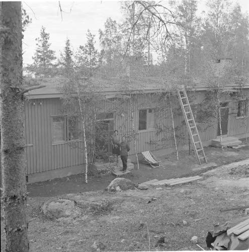 Kuvia "Ritva Aron rykmentin komentoryhmästä". Eversti ja rouva Maskula, pikkulotta Maija-Liisa Maskula ja karkeakarvainen taistelulähetti Priha.